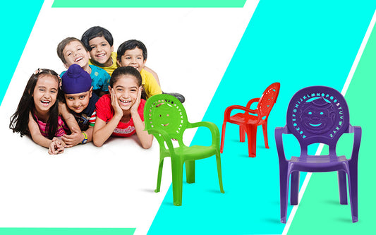 The furniture is designed for kids, with bright colors, rounded edges, and durable materials. The alt text describes the image and its context, emphasizing the playfulness and functionality of the plastic furniture in a children's room.